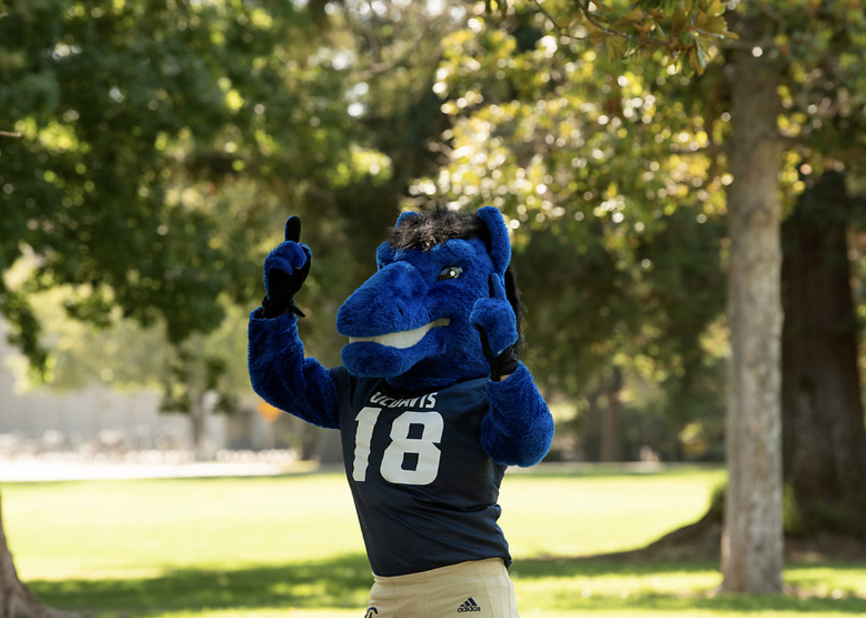 Gunrock posing with his hands up.