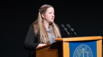 UC Tech Award recipient speaking at the podium.