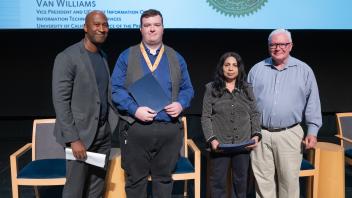 UC Tech Award recipients posing for a photo with CIOs Van Williams and Viji Murali.