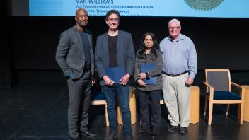 UC Tech Award recipients posing for a photo with CIOs Van Williams and Viji Murali.