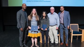 UC Tech Award recipients posing for a photo with CIOs Van Williams and Viji Murali.