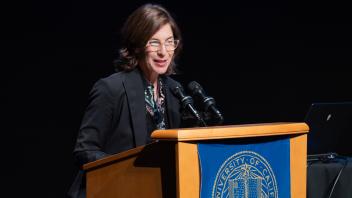 UC Tech Awards Laurel Skurko speaking at the podium.