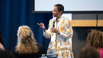 UC Davis Chancellor's wife, LeShelle May, speaks at the Women in Technology meetup at UC Tech