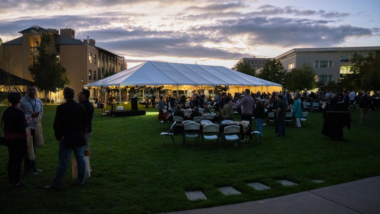 Wide shot of UC Davis Health venue in the evening