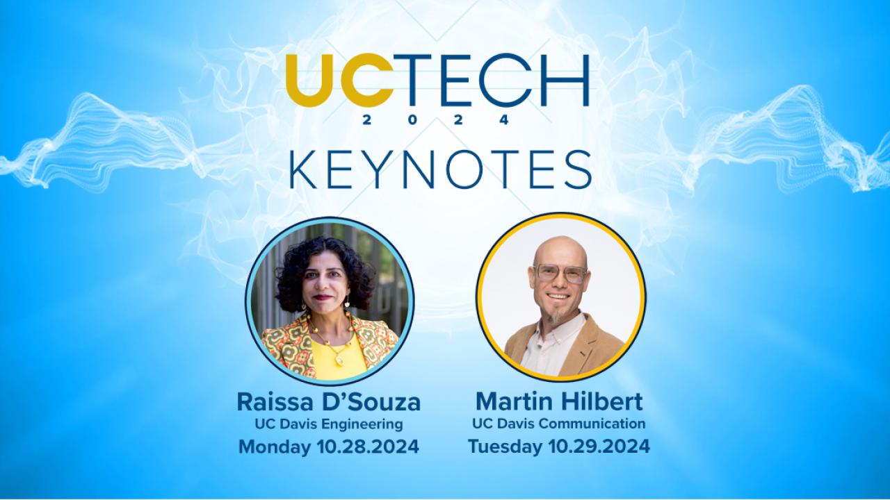 Blue and white banner with profile pictures of UC Tech 2024 keynote speakers