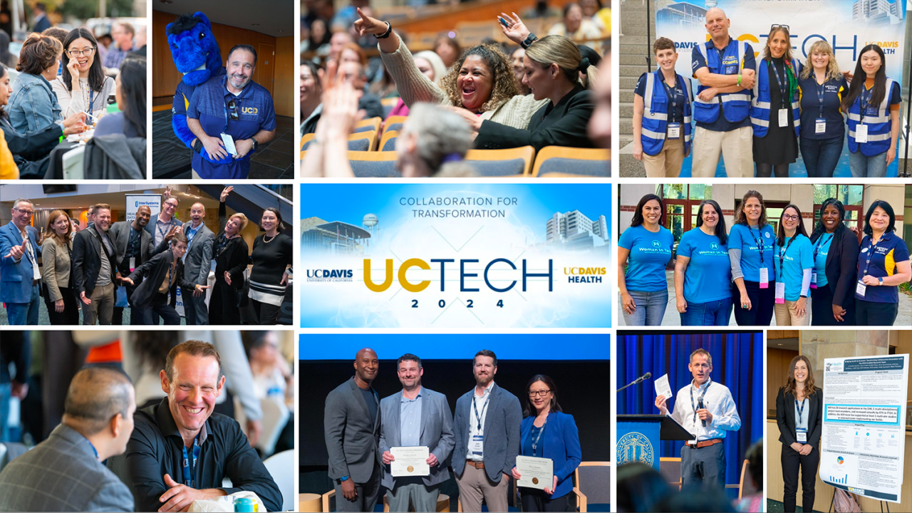 Collage of photos from UC Tech, showing smiling attendees, volunteers, and presenters.
