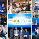 Collage of photos from UC Tech, showing smiling attendees, volunteers, and presenters.